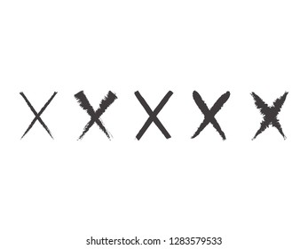Collection of 5 black hand painted X marks. Vector illustration. Brush stroke wrong icons, x symbol icons, grunge cross sign set.