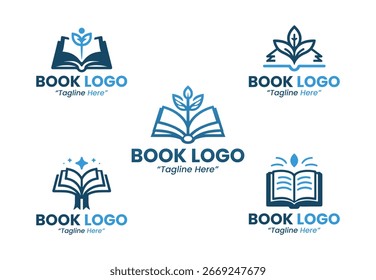 Colección de 5 logotipos de libros azules en un estilo moderno y minimalista. Adecuado para la marca de la escuela, la publicación y la identidad de la institución educativa.