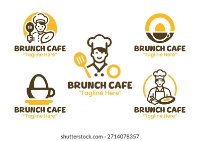 Eine Kollektion von 5 Brunch Cafe Logo Designs, die Frühstück, leichte Mahlzeiten und lässige Speisen Themen zeigen. Geeignet für Cafés, Restaurants und Markenprojekte.