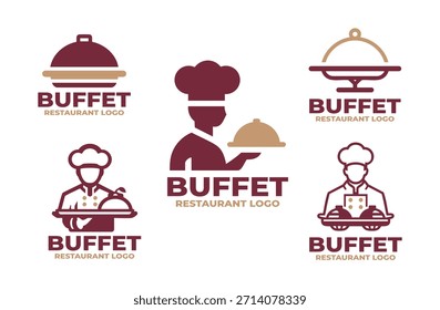 Uma coleção de 5 designs de logotipo de restaurante buffet com temas de refeições, culinária e serviços. Adequado para restaurantes, empresas de alimentos e projetos de marca.