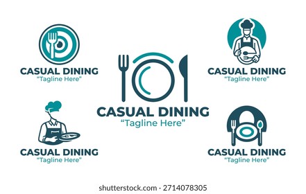 Una colección de 5 diseños de logotipos de comidas informales con temas de restaurantes relajados y modernos. Ideal para cafeterías, restaurantes y uso de identidad.