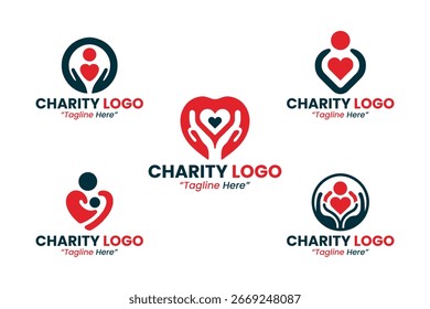 Colección de 5 logotipos de caridad con Formas de corazón y manos. Perfecto para fundaciones, campañas de donación y organizaciones humanitarias.