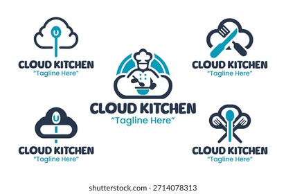 Uma coleção de 5 designs de logotipo de cozinha em nuvem centrada em serviços de comida digital, entrega e conceitos de restaurante moderno. Adequado para marcas virtuais e empresas de alimentos online.