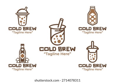 A collection of 5 cold brew coffee logo designs emphasizing iced coffee, brewing, and cafe culture themes. Suitable for coffee shops and beverage brands.