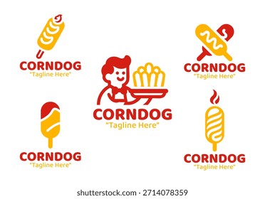 Una colección de 5 diseños de logotipos de corndog que destacan la comida callejera, los refrigerios y los temas de servicio rápido. Ideal para puestos de comida, cafés y necesidades de marca.