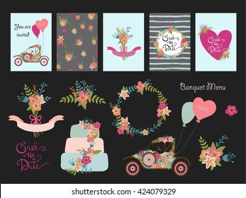 Collection of 5 cute romantic universal cards templates. Wedding, save the date, Valentine's day, birthday design. 
