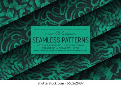 Collection of 5 Different Vector Abstract Stippled Fashion Seamless Patterns. Set of Handmade Tileable Vintage and Retro Style Geometric Dotted Structure Grunge Background. Design Element