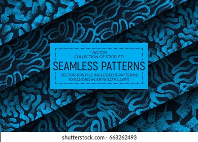 Collection of 5 Different Vector Abstract Stippled Fashion Seamless Patterns. Set of Handmade Tileable Vintage and Retro Style Geometric Dotted Structure Grunge Background. Design Element