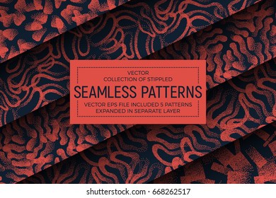 Collection of 5 Different Vector Abstract Stippled Fashion Seamless Patterns. Set of Handmade Tileable Vintage and Retro Style Geometric Dotted Structure Grunge Background. Design Element