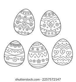 Collection of 5 easter eggs with beautiful cute ornament coloring page antistress black and white vector illustration isolated on white background. Easter eggs set. Easter prints, patterns.