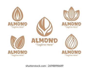 Uma coleção de 5 elegantes designs de logotipo focado em amêndoas, ideal para empresas nos setores de alimentos, lanches e bem-estar.