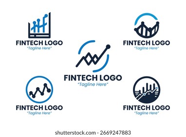 Coleção de 5 logotipos fintech com conceitos digitais modernos em cor azul. Perfeito para start-ups financeiras, aplicativos de pagamento e plataformas bancárias on-line.