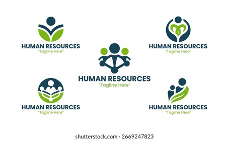 Collection of 5 of five human resources logos with a clean professional style. Ideal for staffing firms, recruitment, and employee management brands.