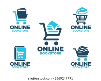 Sammlung von 5 fünf Online-Bookstore-Logos im modernen minimalistischen Stil. Ideal für Online-Buchhandlungen, Alphabetisierung und Markenbildung.