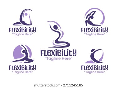 Uma coleção de 5 designs de logotipo com tema de flexibilidade que mostram alongamento, mobilidade e controle do corpo. Ideal para estúdios de fitness, programas de ioga, fisioterapia e marca de bem-estar.