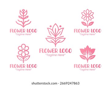 Colección de 5 logotipos de flores diseñados en estilo minimalista moderno. Adecuado para proyectos de marca de belleza, moda, floristería y estilo de vida.