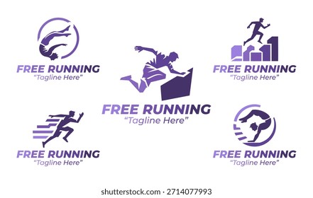 Una colección de 5 diseños de logotipos de carrera libre que se centran en el movimiento, el equilibrio y la agilidad de estilo parkour. Diseñado para proyectos de identidad deportiva y branding dinámico.