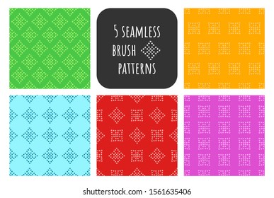 Collection of 5 freehand, brush stroke seamless patterns on green, blue, red, yellow and purple background. Artistic collection of doodle elements and ink textures. Patterns for fabric, polygraphy.