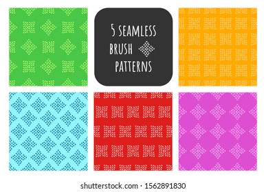Collection of 5 freehand, brush stroke seamless patterns on green, blue, red, yellow and purple background. Trendy endless texture for digital paper, fabric, backdrops, wrapping paper. 