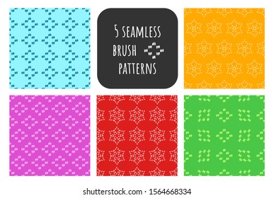 Collection of 5 freehand, brush stroke seamless patterns on green, blue, red, yellow and purple background. Artistic collection of doodle elements and ink textures. Patterns for fabric, polygraphy.