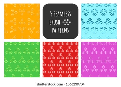 Collection of 5 freehand, brush stroke seamless patterns on green, blue, red, yellow and purple background. Trendy collection of doodle elements and ink textures for digital paper, fabric, wrapping.