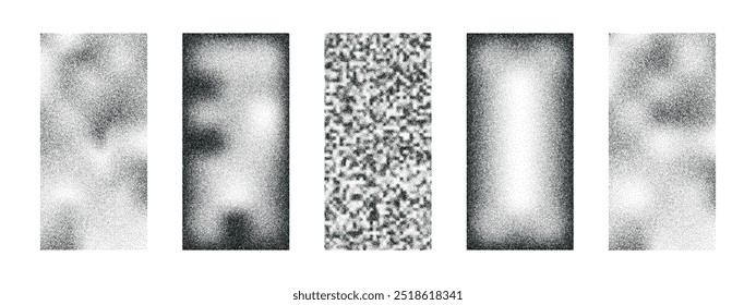 A collection of 5 grunge rectangular textures. Set of black dotted shapes. Stippled shade object. Sand grain effect Vector illustration isolated on white background