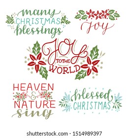 Collection with 5 Holiday cards made hand lettering Many Christmas Blessings. Joy to the world. Heaven and nature singBiblical background. Christian poster. Modern calligraphy Greetings season