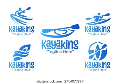 Una colección de 5 diseños de logotipos de kayak centrados en el remo, la exploración acuática y la aventura al aire libre. Adecuado para la identidad deportiva y la marca enfocada en la naturaleza.