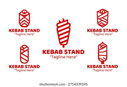 Eine Kollektion von 5 Kebab-Ständer-Logo-Designs, inspiriert von Street Food und Fast Casual Dining. Ideal für Essensstände, Mitnahmeunternehmen und Restaurant-Branding.