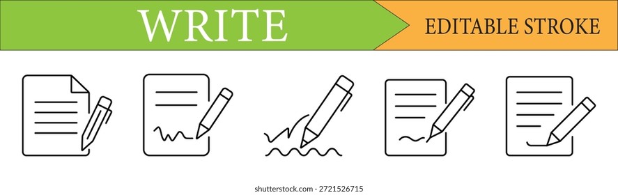 Coleção de 5 ícones lineares para escrever, assinar documentos e anotações. Ideal para web design e aplicativos. Possui traçado editável.
