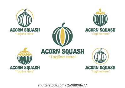 Una colección de 5 logotipos con calabaza de bellota como tema central. Estos diseños son perfectos para empresas en la agricultura, alimentos orgánicos.