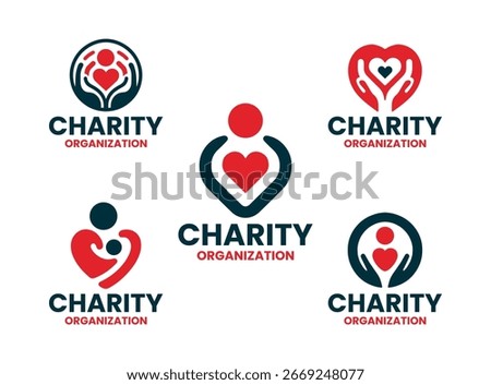 Collection of 5 logos in red and dark blue tones. Suitable for nonprofit organizations, foundations, donation, and social care campaigns.
