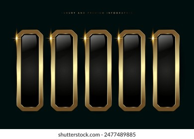 Collection of 5 Luxury infographic buttons vector, illustration, Five luxury stoked buttons in Vector template, and shiny gold optionand Premium button on a dark background