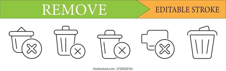 A collection of 5 minimalist trash bin icons for removal and deletion tasks. Linear outline style with editable stroke for UI UX and web design.
