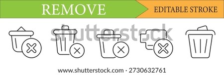 A collection of 5 minimalist trash bin icons for removal and deletion tasks. Linear outline style with editable stroke for UI UX and web design.
