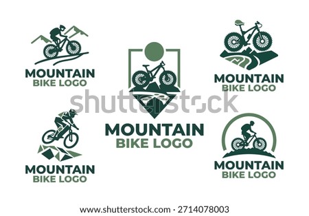 A collection of 5 mountain bike logo designs highlighting trail riding, endurance, and outdoor adventure. Suitable for sport identity and active lifestyle branding.