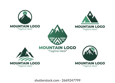Colección de 5 diseños de logotipos de montaña que representan la aventura, la exploración y el estilo de vida al aire libre. Perfecto para viajes, senderismo y marca ecológica.