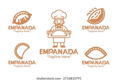Uma coleção de 5 designs de logotipos profissionais para lojas Empanada, com temas de pastelaria latino-americanos. Ideal para projetos de marca e identidade na indústria alimentícia.