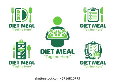 A collection of 5 professional logo designs for Diet Meal Plan services, promoting healthy eating habits. Ideal for branding in the wellness and nutrition industries.