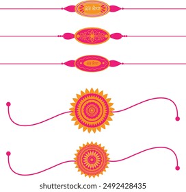 Collection of 5 Rakhi for Hindu festival Raksha Bandhan, Beautiful floral vector Rakhi set in pink and orange colors