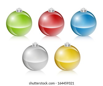 A collection of 5 realistic glossy Christmas ornaments in five colors. Eps 10 Vector.