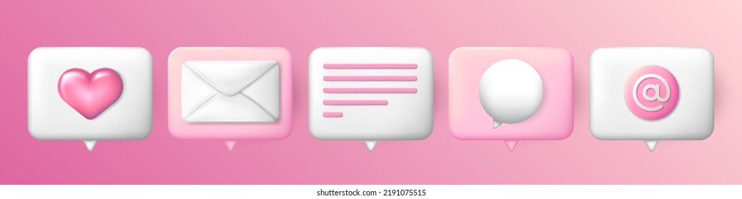 Collection of 5 rectangle pink and white speech clouds with heart, letter (envelope), cartoon text, chat bubble and At sign (arobase, e-mail) inside. New message, online chatting 3D icons