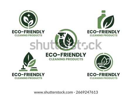 Collection of 5 representing eco friendly cleaning products with natural and clean style. Suitable for green business, organic cleaning, and sustainable branding identity.