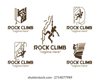 A collection of 5 rock climbing logo designs showcasing climbing, altitude, and outdoor challenge themes. Ideal for adventure sports branding and equipment identity.