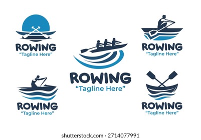 Una colección de 5 diseños de logotipos de remo que destacan el trabajo en equipo, el remo y la resistencia de los deportes acuáticos. Ideal para la marca deportiva y la identidad competitiva.