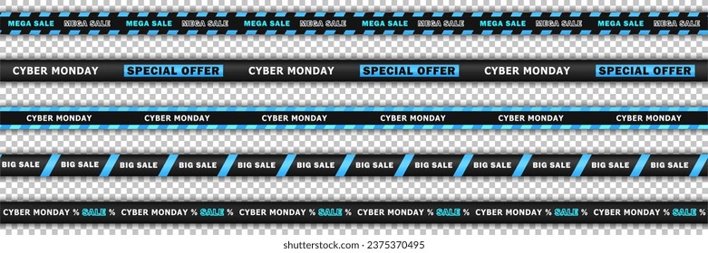 Colección de 5 cintas realistas azul ciano y negro sin fisuras y brillantes para la gran venta del Cyber Monday. Interminables cintas de barricada, bandas de descuento para compras en línea aisladas en fondo transparente