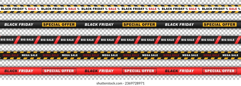 Colección de 5 cintas realistas rojas y amarillas impecables con texto - gran venta, Viernes Negro. Interminables cintas de barricada, bandas de descuento para compras en línea aisladas en fondo transparente