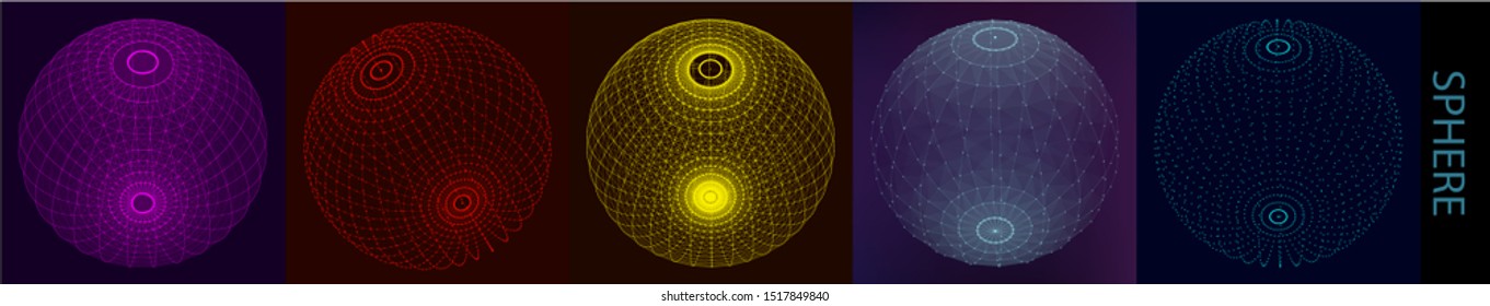 Collection of 5 shining colored spheres on black space background. Wireframe vector illustrations. Global digital connections. Networks. Trendy abstract 3d grid design. Modern and technology concept.