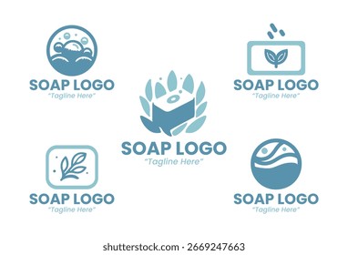 Collection of 5 soap logos in minimalist creative style. Ideal for hygiene product branding, cosmetic packaging, and bath industry identity.