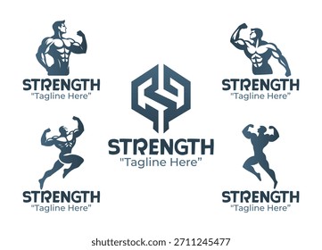Eine Kollektion von 5 Logo-Designs zum Thema Stärke, die Kraft, Ausdauer und Konditionierung hervorheben. Geeignet für Fitnessstudios, Trainingsprogramme und Sport-Branding.
